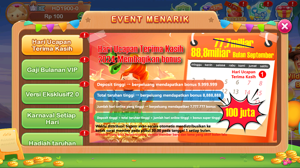 Event spesial di 9399 APK dengan hadiah besar hingga Rp100 juta untuk pemain aktif.